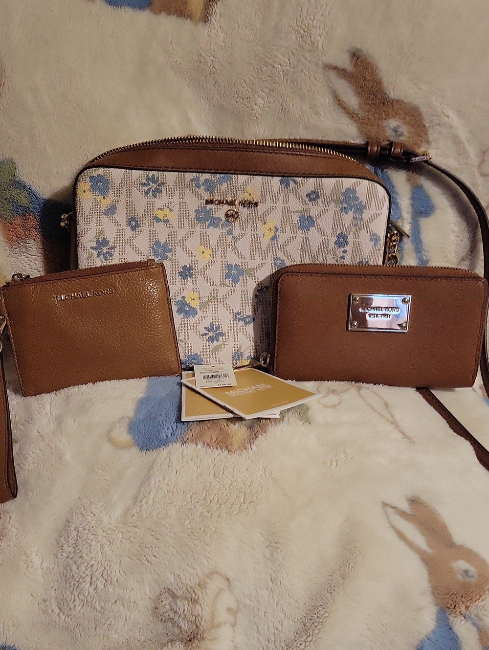 Michael Kors Brown Leather Crossbody Set with Cream Floral Logo Panel